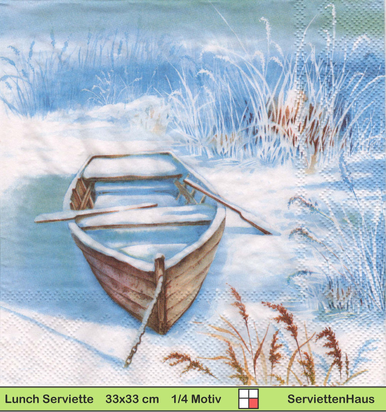 Kleines Boot im Schnee am Schilf - 1 Paket mit 20 Servietten
